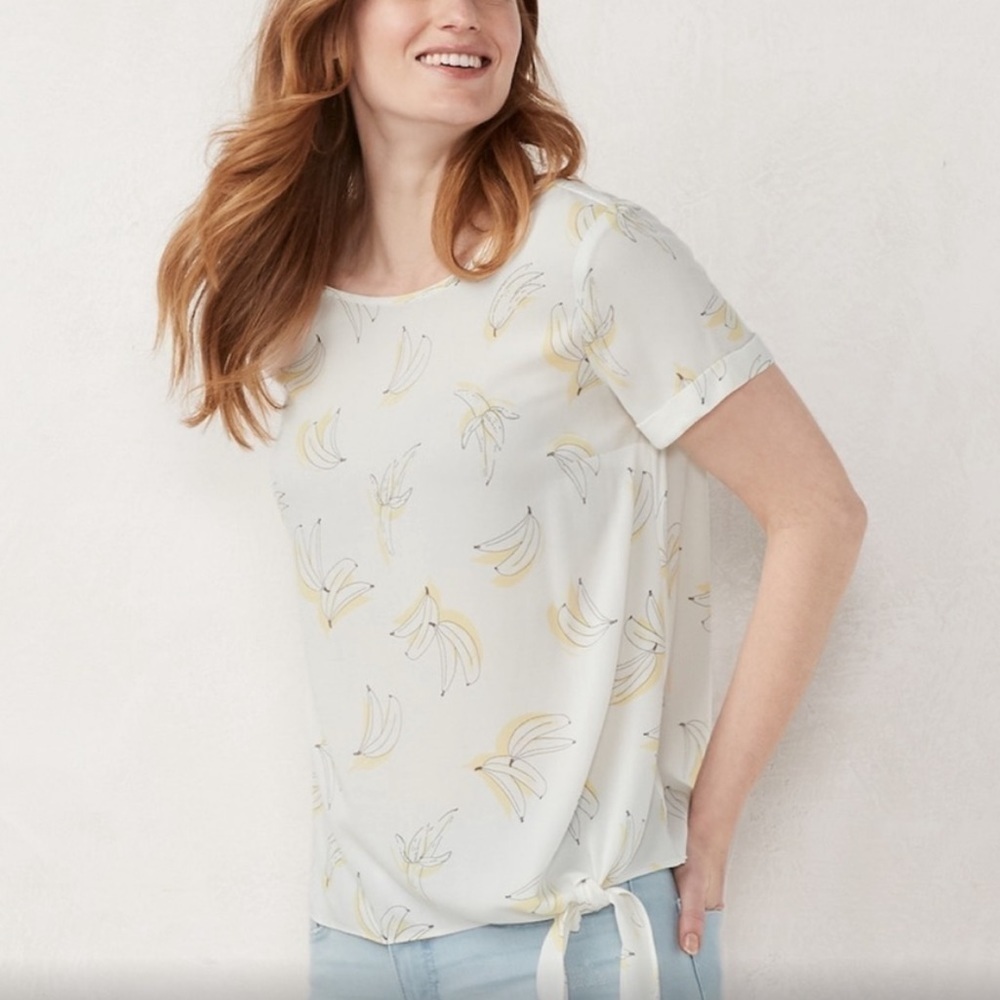 🦋 LC Lauren Conrad White Yellow Banana Tie Side Short Sleeve Blouse Medium